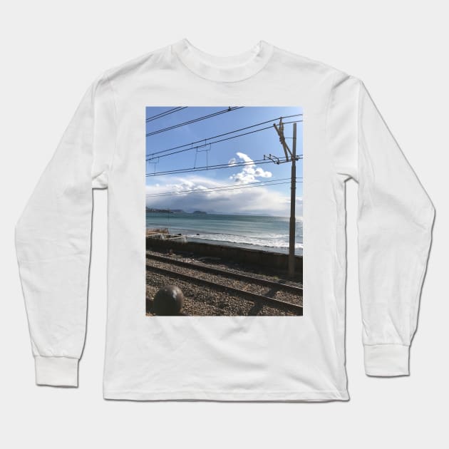 Lucrino Beach with Train Tracks Long Sleeve T-Shirt by Sandraartist